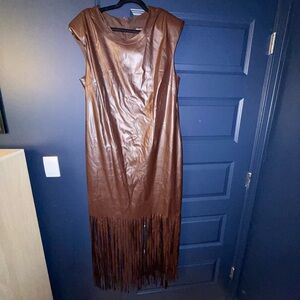 Ashley Stewart Brown Faux Leather Maxi Dress with Fringe Hem
